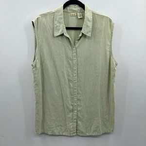 LINDEN HILL sage 100% linen button down sleeveless blouse. LARGE